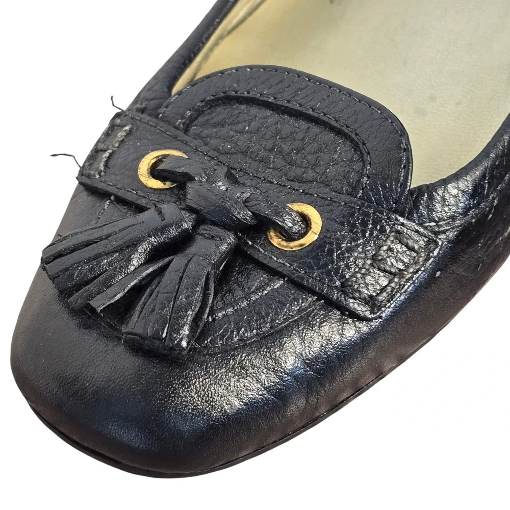 Talbots Black‎ Pebbled Leather Tassel Loafer Pumps Low Block Heel Gold Hardware